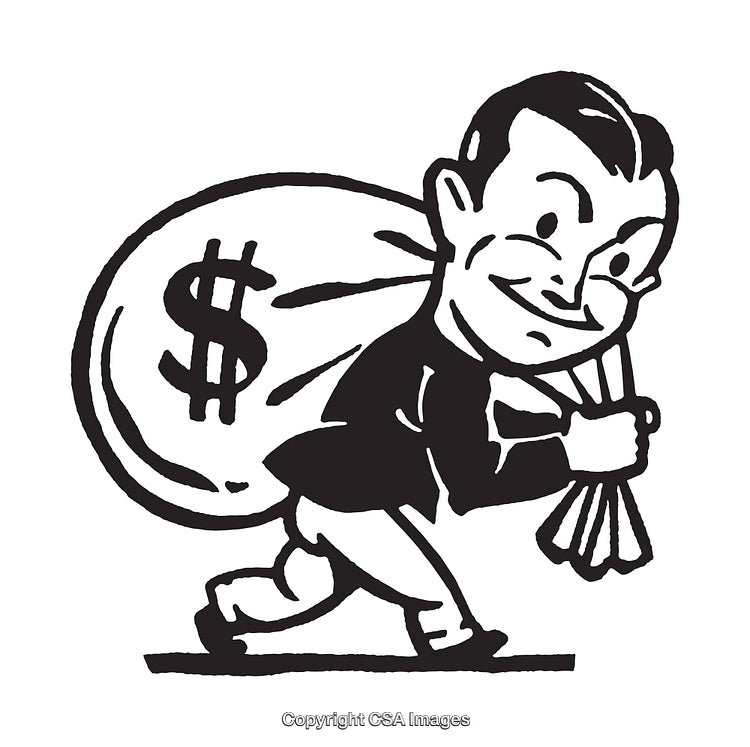 Vintage Black and White Illustration of Man Holding a Money Bag