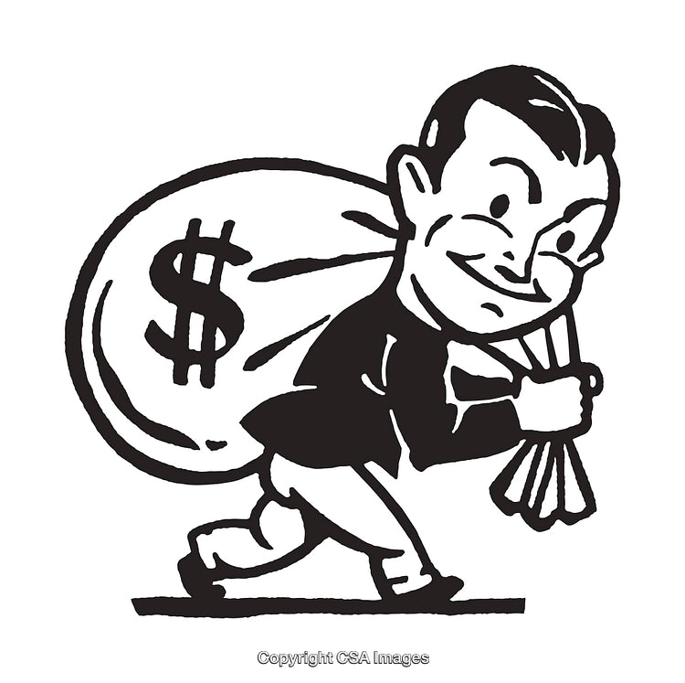 Vintage Black and White Illustration of Man Holding a Money Bag