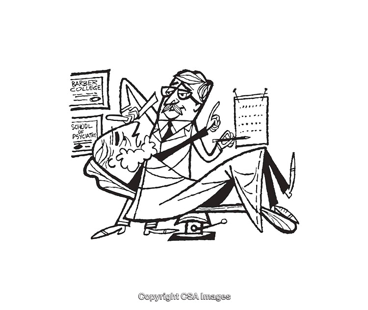 Humorous Illustration of Barber Practicing Psychiatry in Line Art Style