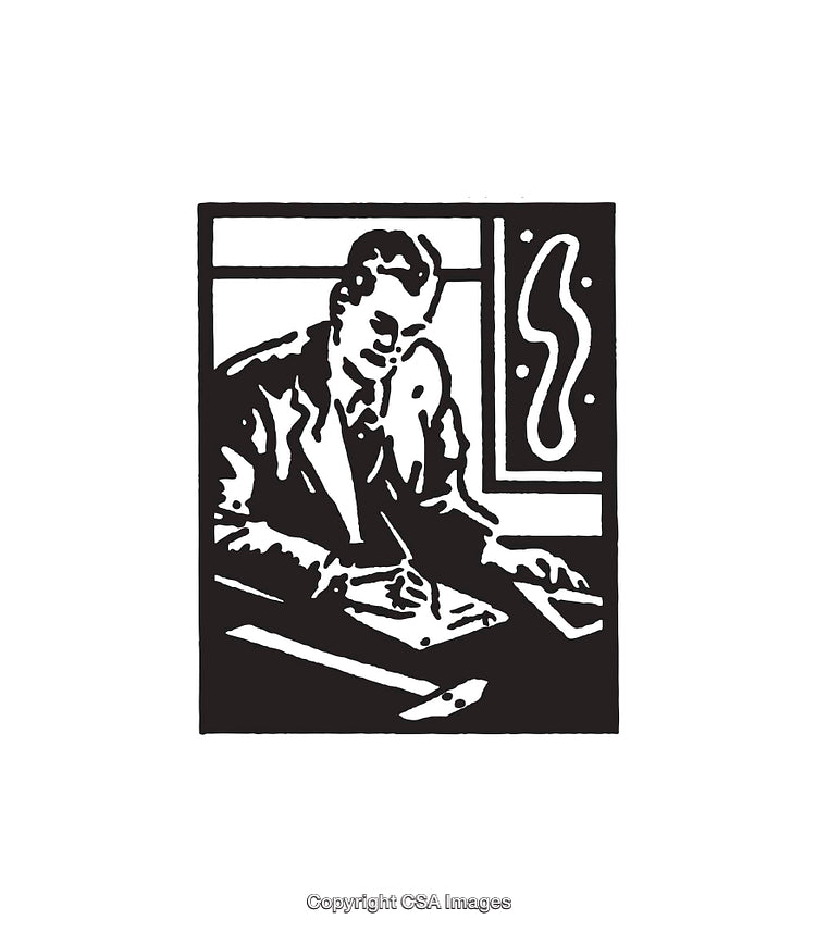 Black and White Line Art of Man Writing at Desk
