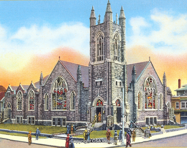 Historic Stone Church with Stained Glass in a Busy Neighborhood Setting
