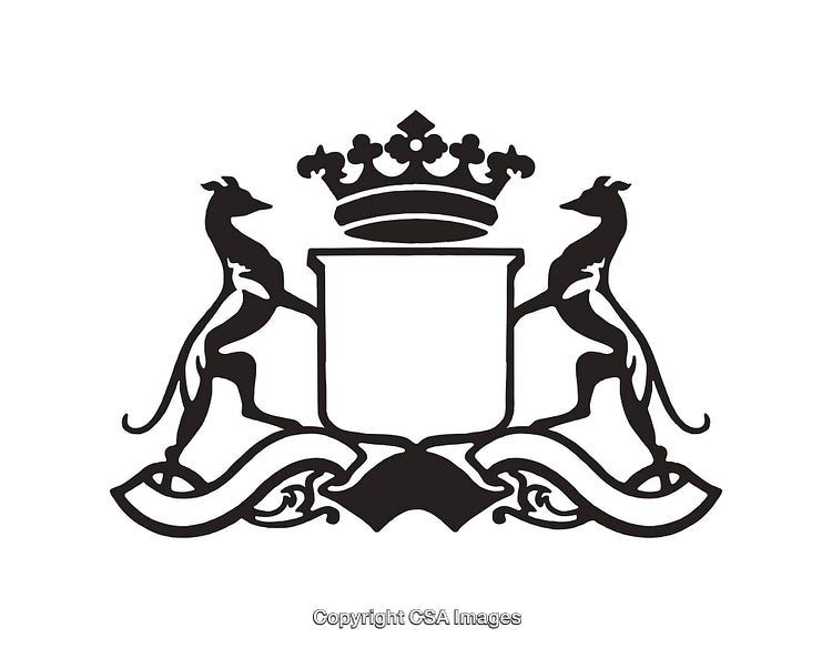 Elegant Black and White Heraldic Crest with Crown and Animals