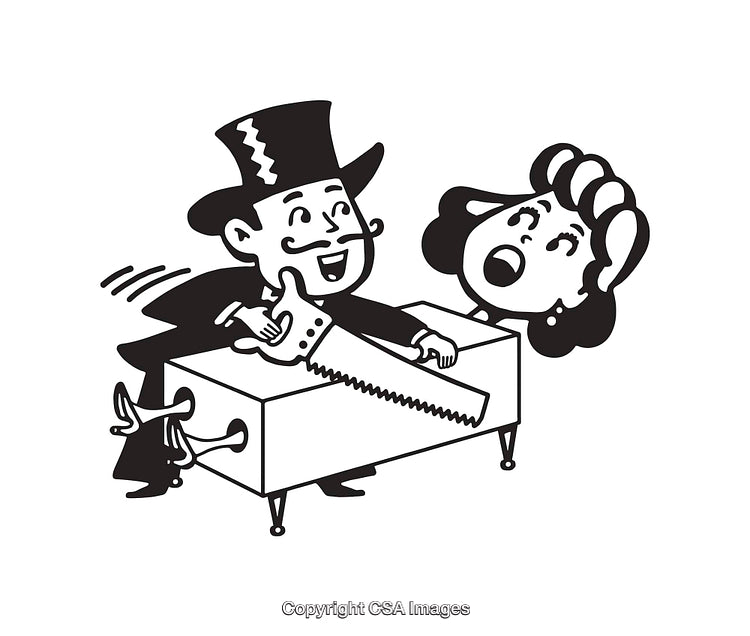 Vintage Line Art of a Magician Performing Sawing Illusion Act