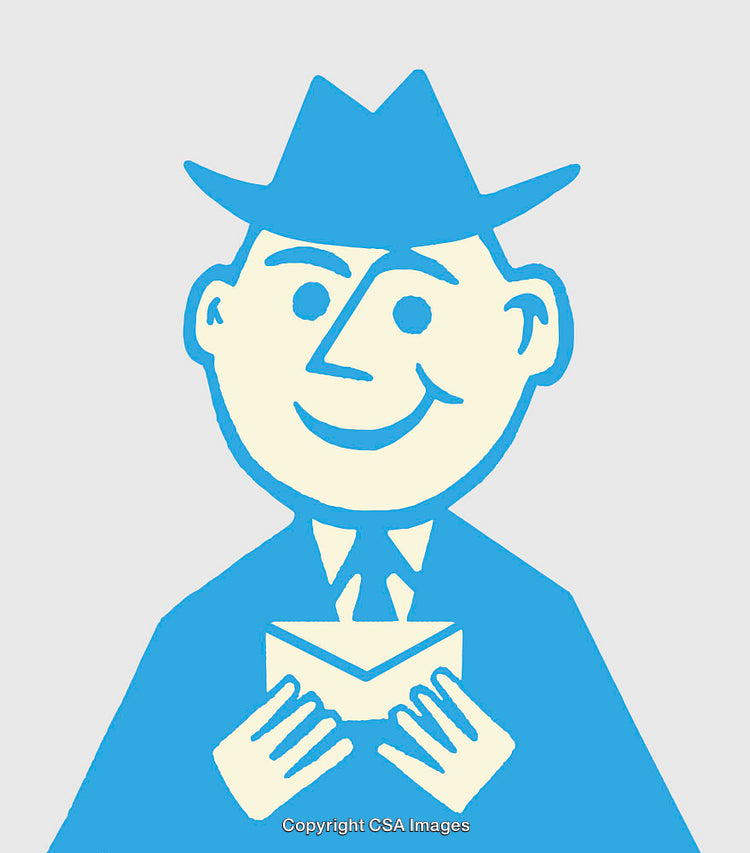 Retro-Style Blue Line Art of A Smiling Man Holding an Envelope