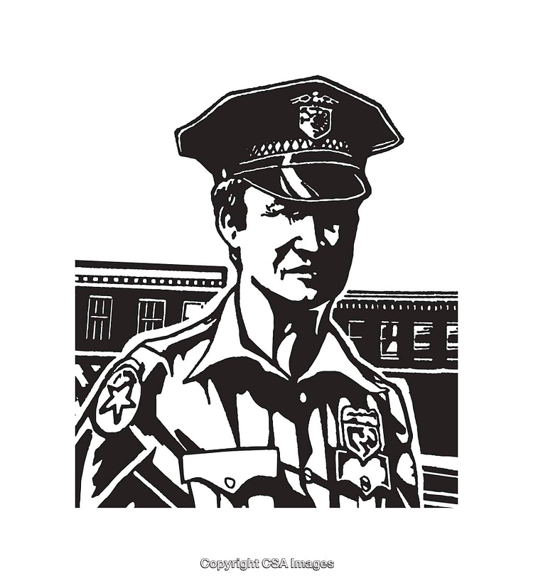 Black and White Line Art of a Police Officer in Uniform Outside a Building