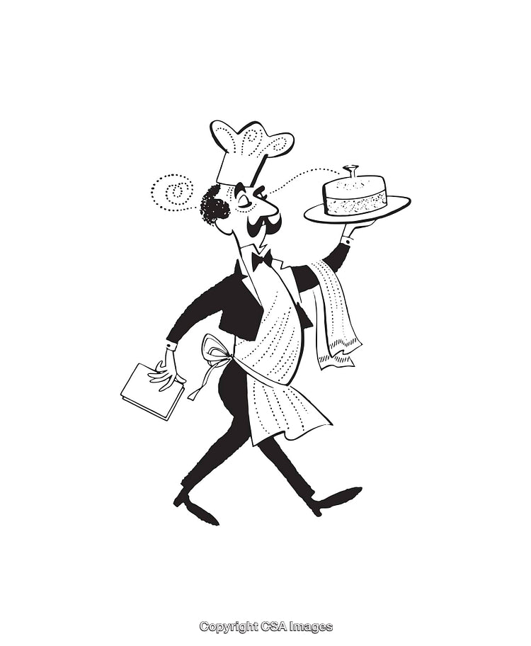 Black And White Illustration of a Chef Holding a Cake and Cookbook
