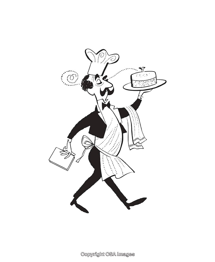 Black And White Illustration of a Chef Holding a Cake and Cookbook