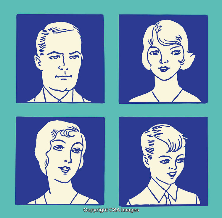 Vintage Family Portrait Set Featuring Four Members in Blue and Teal Tones