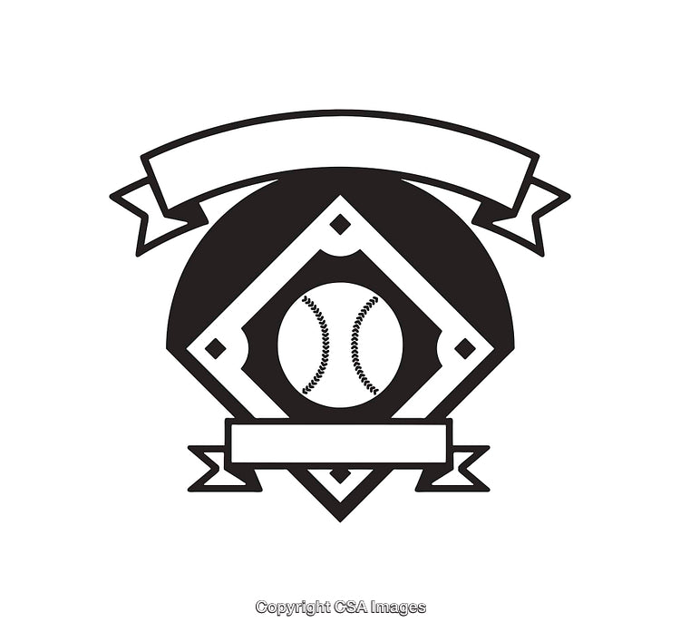 Monochrome Baseball Field Emblem with Banner and Ball Illustration