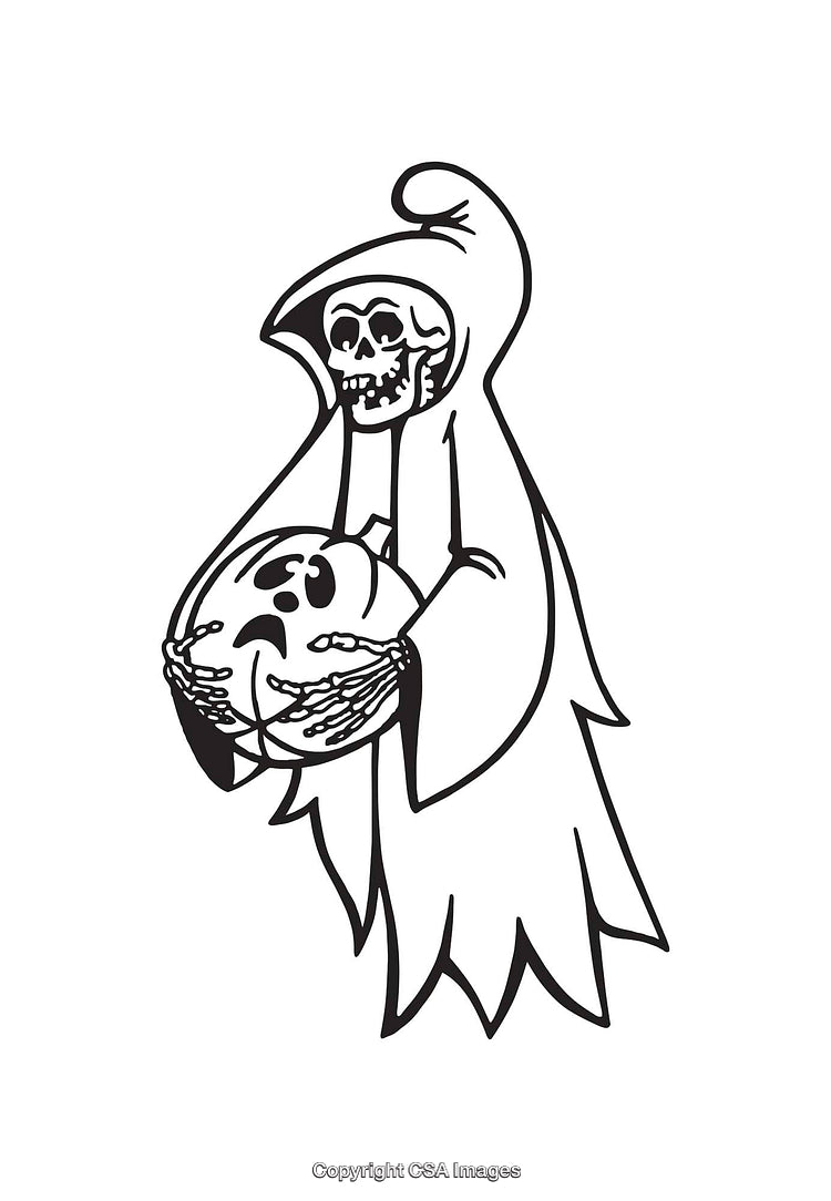 Skeleton Holding Pumpkin in Black and White Halloween Line Art