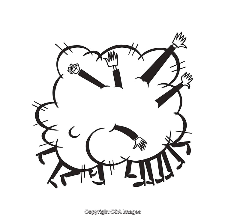 Black and White Illustration of a Humorous Cartoon Tussle With Characters