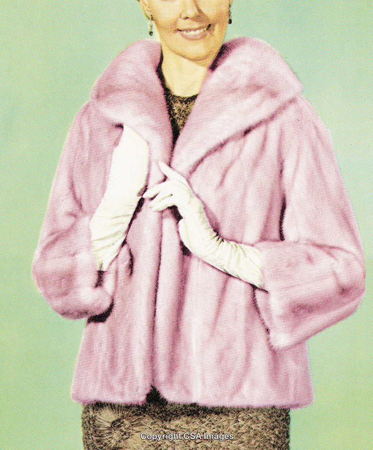 Elegant Woman in Vintage Pink Fur Coat and Gloves
