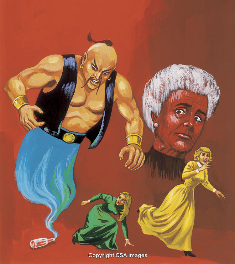 Illustrated Scene Depicting a Magical Spirit Frightening Individuals on a Orange Background