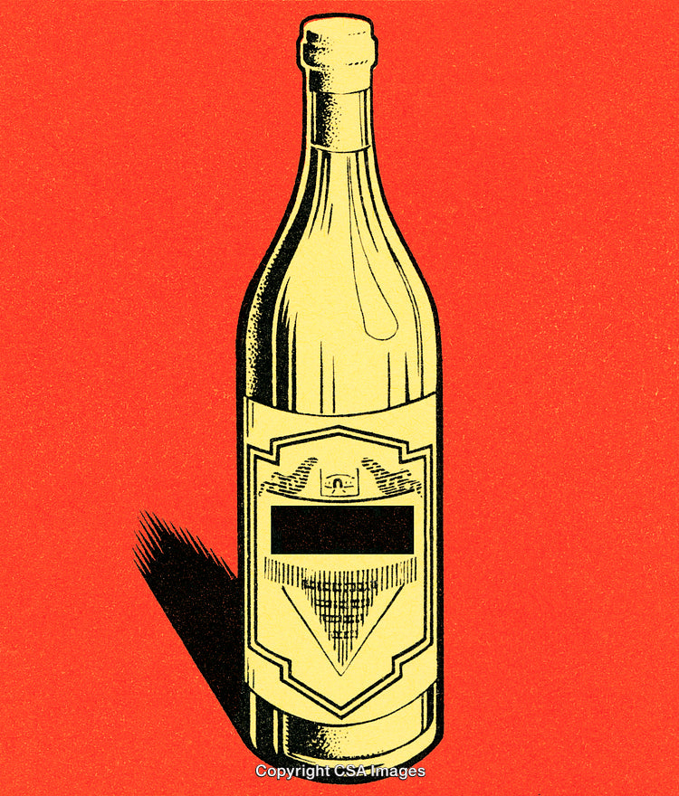 Vintage-Style Illustration of a Wine Bottle on Vibrant Red Background