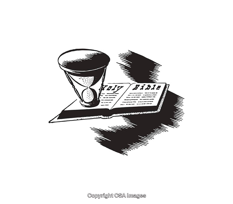 Black and White Illustration of an Open Bible with Hourglass