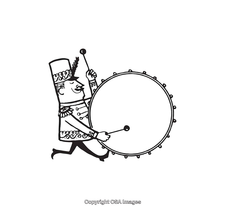Vintage Marching Band Member Playing the Bass Drum in Black and White Art