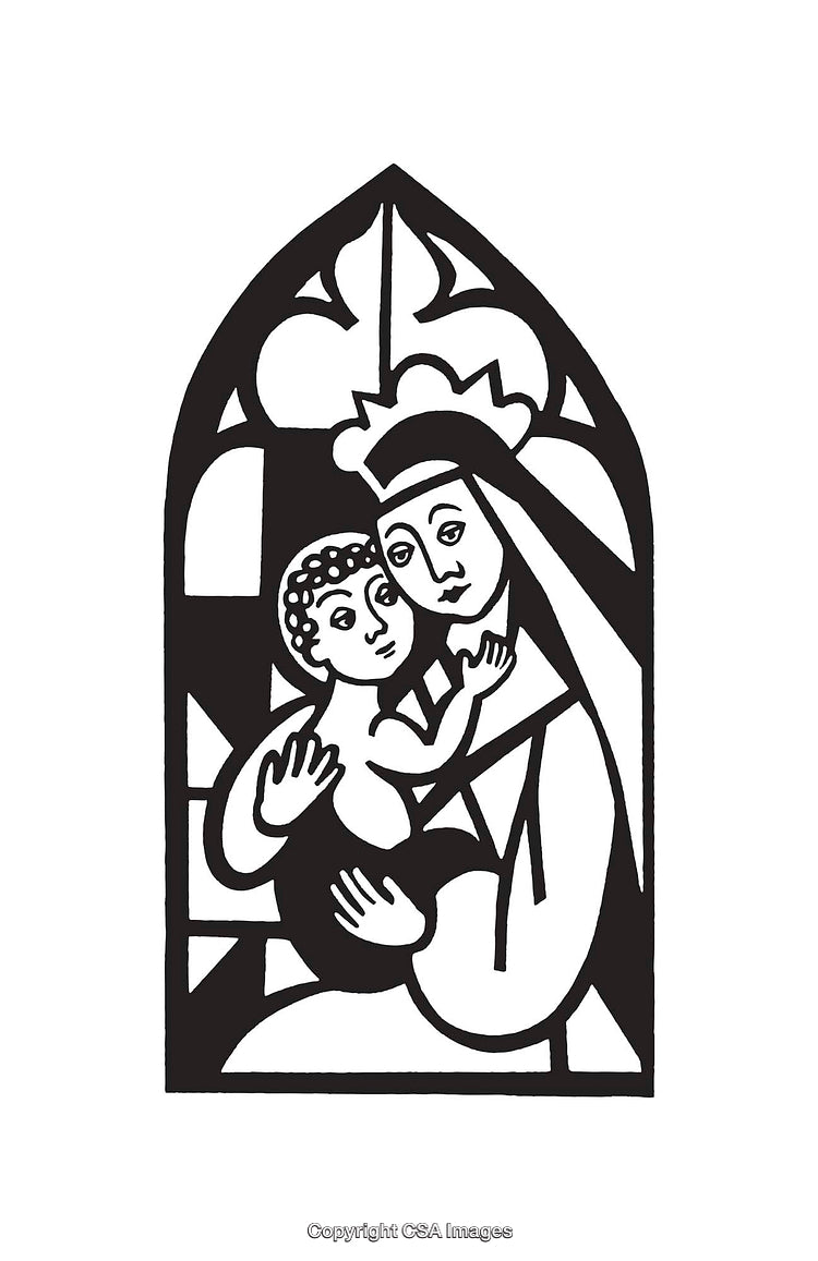 Black and White Religious Illustration of Mother and Child with Stained Glass