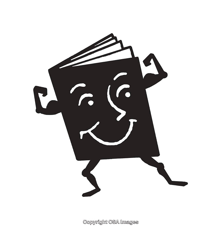 Smiling Book Illustration with Flexing Arms Showing Strength