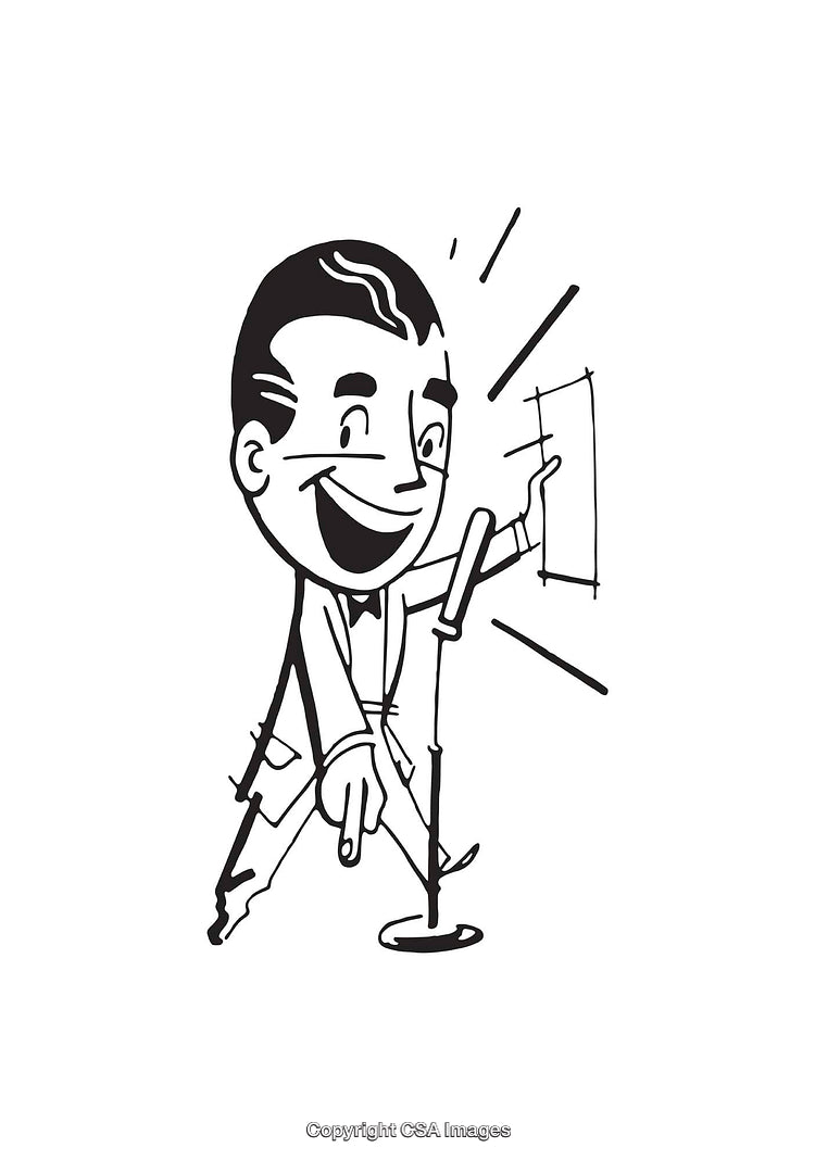 Retro Line Art of Happy Man Presenting with Microphone