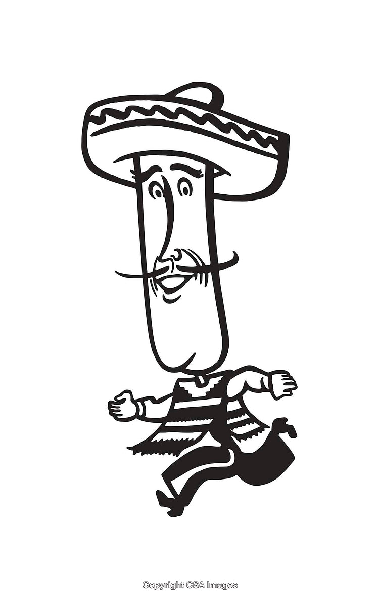 Black And White Line Art of Person in Traditional Outfit and Sombrero Hat