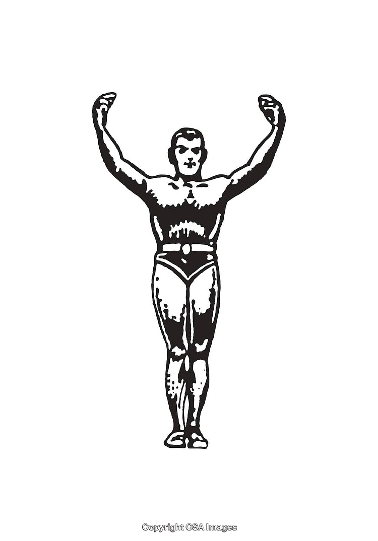 Vintage Black and White Illustration of a Strongman in a Victory Pose