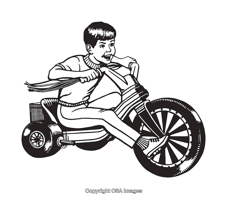Black and White Illustration of a Child Riding a Toy Vehicle
