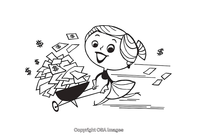 Black and White Line Art of Happy Woman with Money Overflowing