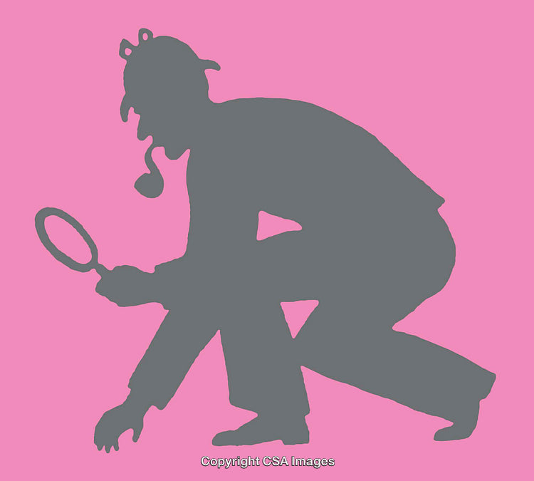Silhouette of Investigator Character with Magnifying Glass on Pink Background