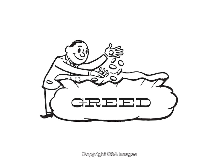 Black and White Illustration Depicting Greed with Coins and a Wealthy Man