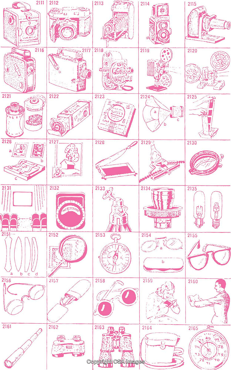 Vintage Illustration Compilation Featuring Cameras, Tools, and Binoculars in Single Color