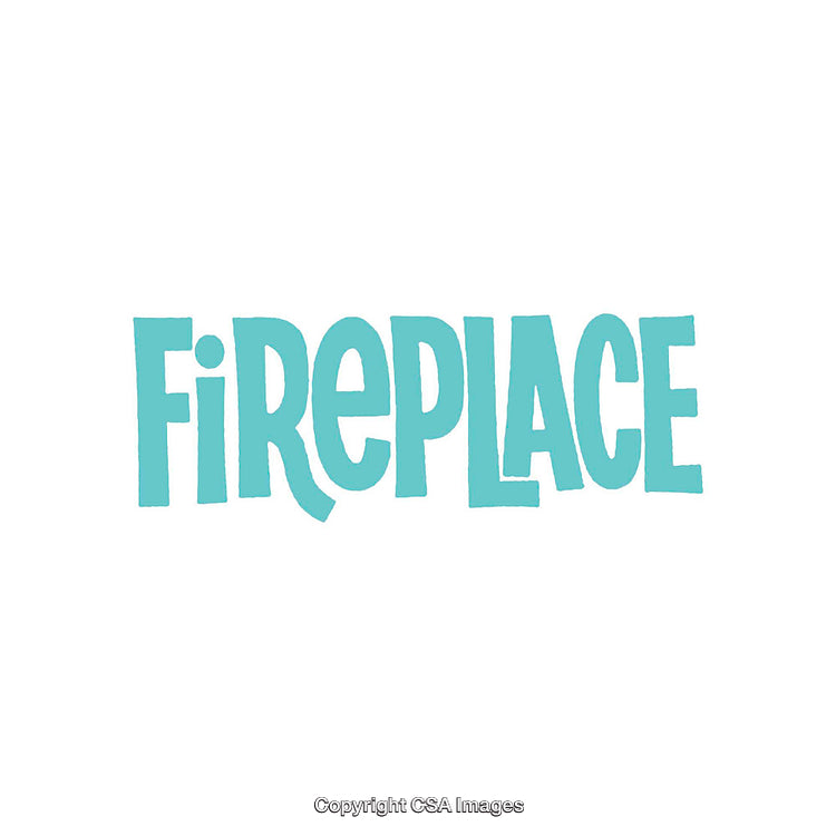 Playful Turquoise Text Illustration of the Word Fireplace on White Background