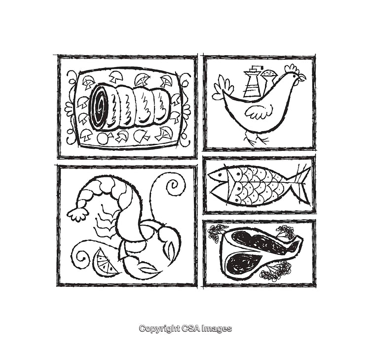 Black and White Illustrations of Various Food Items in Artistic Style