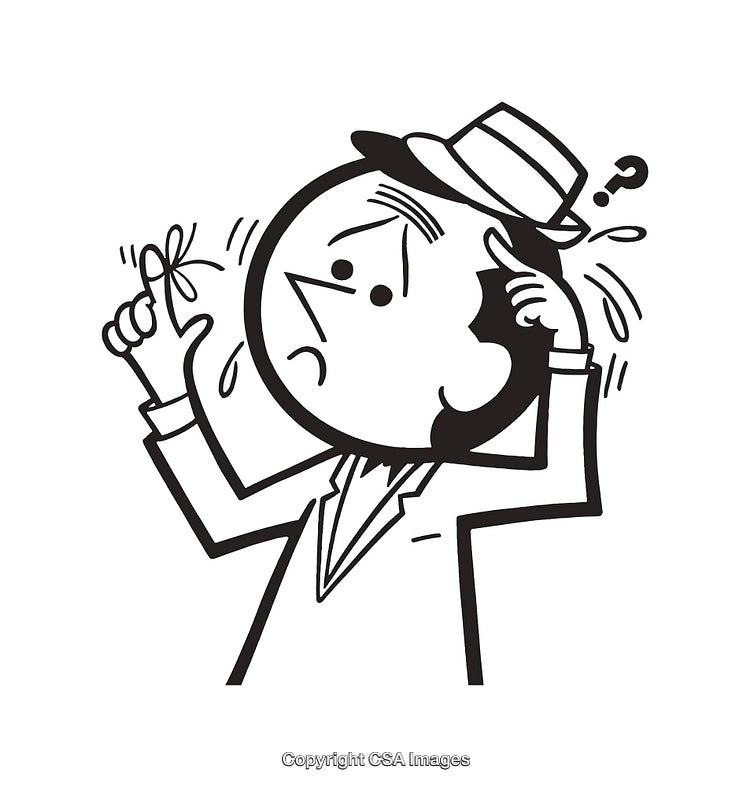 Black and White Line Art of a Confused Man Remembering Something