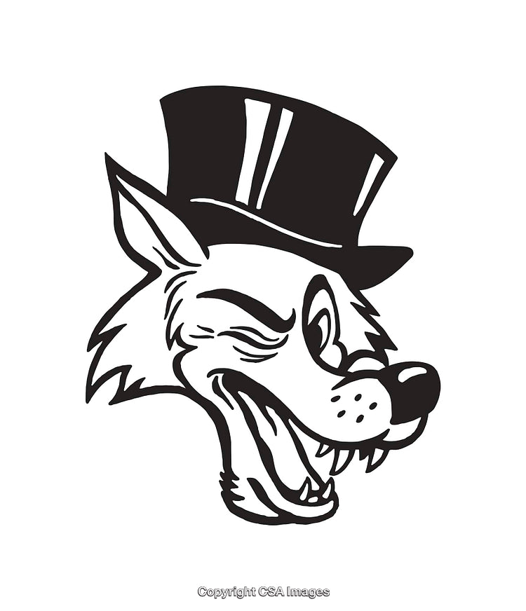 Black and White Illustration of a Top-Hat Wearing Winking Wolf