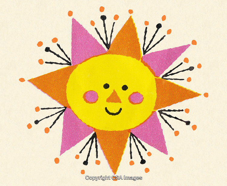Cheerful Hand-Drawn Sun Illustration With Bright Colors and Abstract Patterns