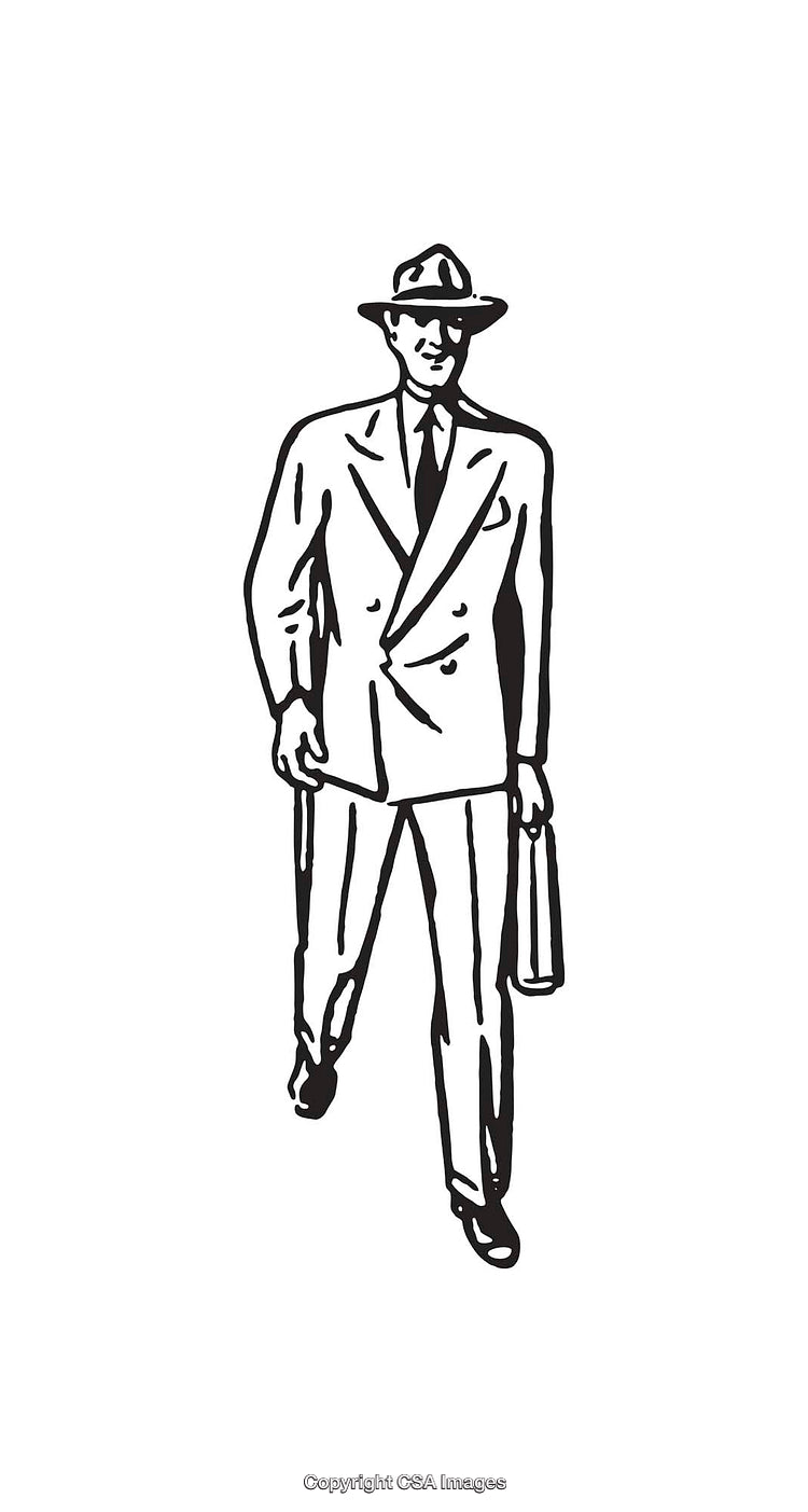 Black and White Illustration of a Businessman in a Suit with a Briefcase