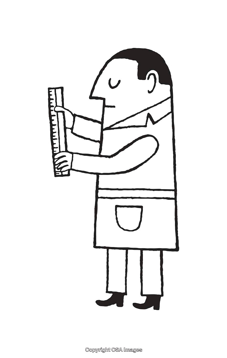 Black and White Drawing of a Man Holding a Ruler