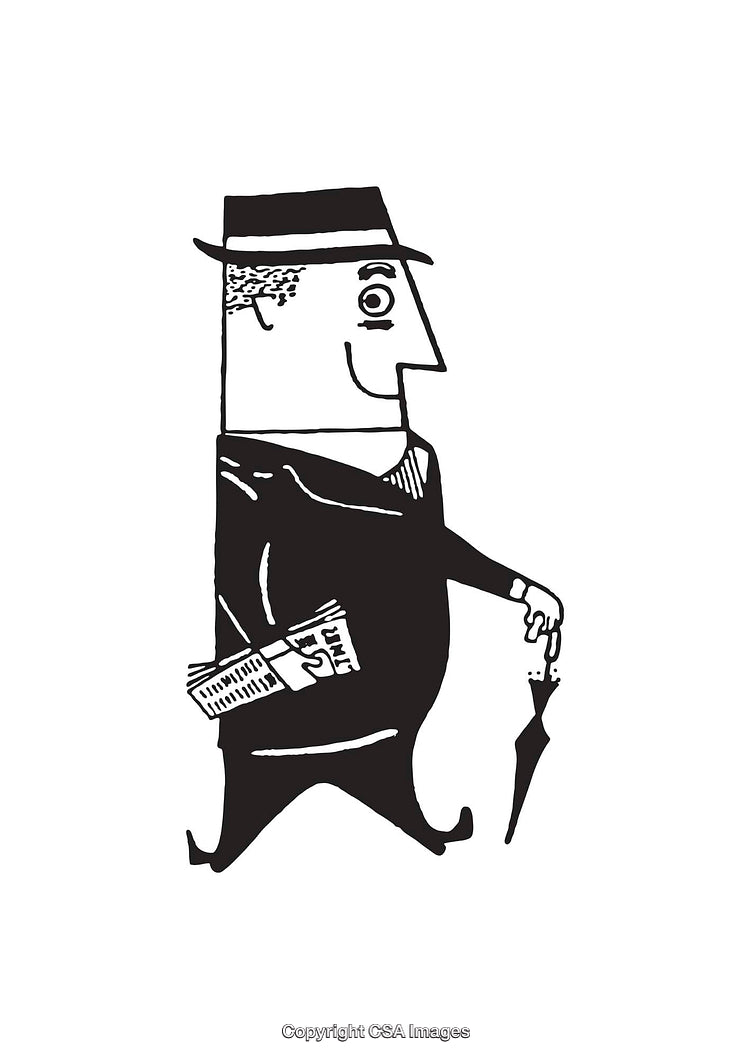 Monochrome Line Art of a Gentleman with Newspaper and Umbrella