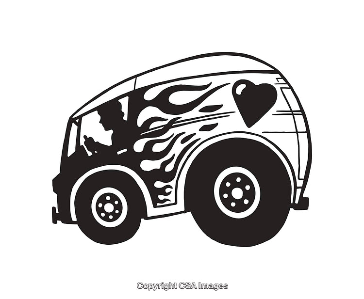 Stylized Black and White Van Illustration with Creative Flame Design