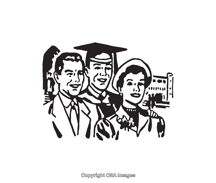 Retro Illustration of Graduate with Family in Black and White Line Art