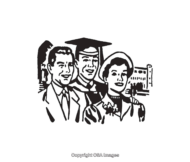 Retro Illustration of Graduate with Family in Black and White Line Art