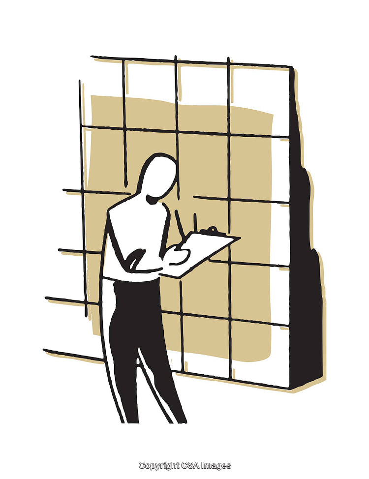 Illustrated Person Writing Notes on a Clipboard in Front of a Grid
