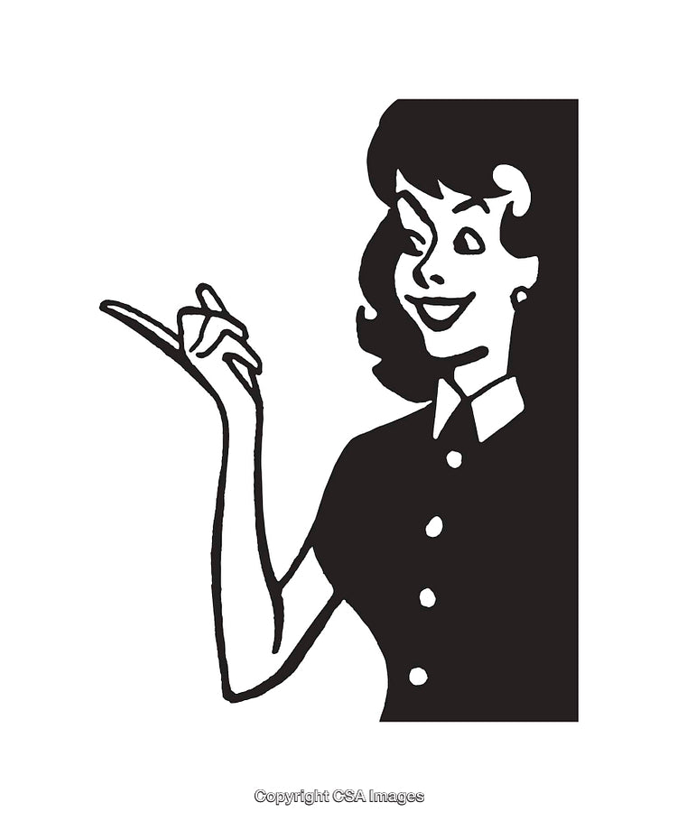 Vintage Black and White Illustration of a Smiling Woman in Retro Style