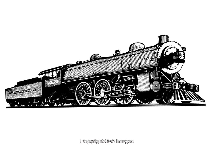 Detailed Black And White Engraving Of A Vintage Steam Locomotive Train