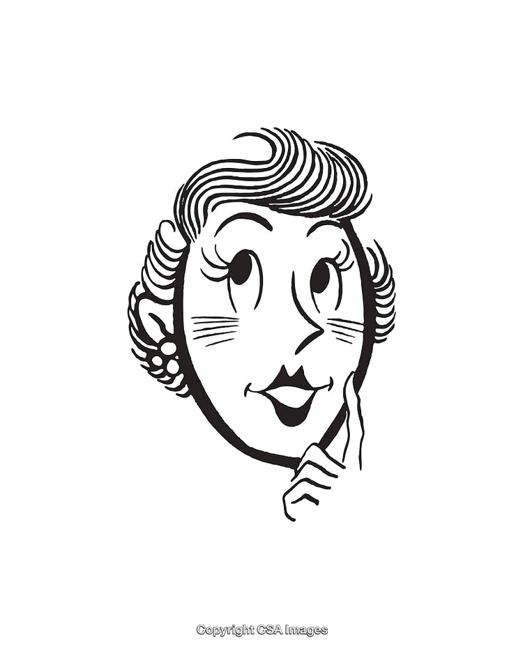 Vintage Black and White Illustration of a Woman Thinking