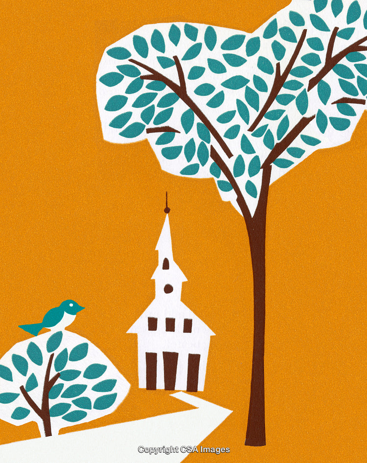 Minimalist Church Illustration with Abstract Trees and Bird