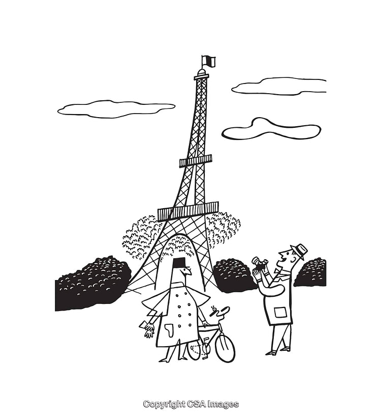 Line Art Sketch of the Eiffel Tower with Tourists and Bicycle