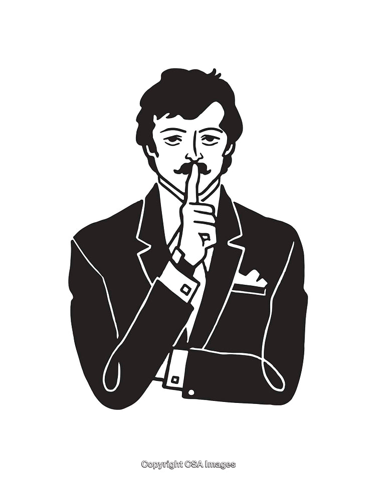 Elegant Man in Line Art Holding Finger to Lips in Shushing Gesture