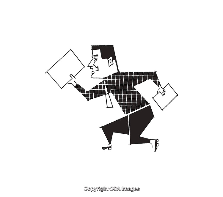 Black and White Illustration of a Running Businessman Holding Papers