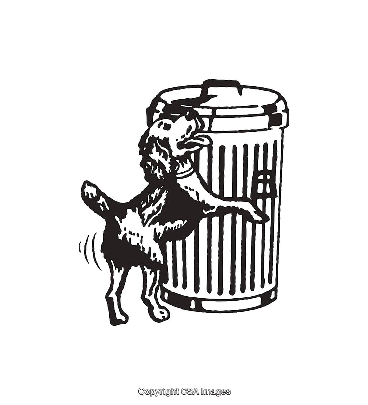Black and White Line Art of a Dog and Trash Bin Interaction